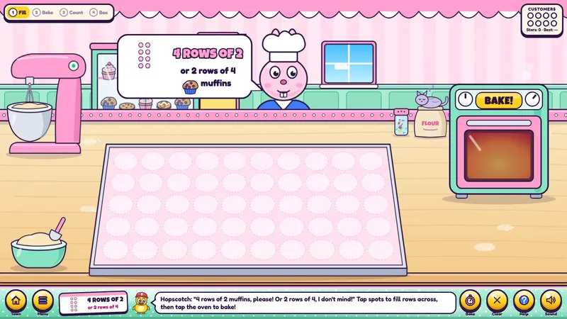 A bakery counter with a baking tray, an oven and a bear customer