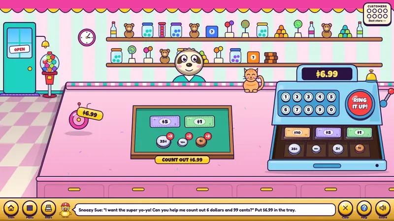A candy shop counter with a cash register and a bunny customer