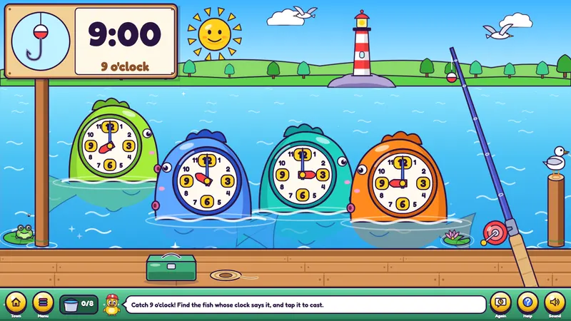 Fish wearing clocks in a lake below a sign showing a time