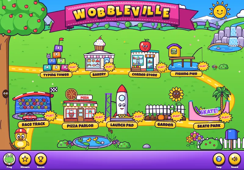 Wobbleville's town on an iPad, with a building for each game