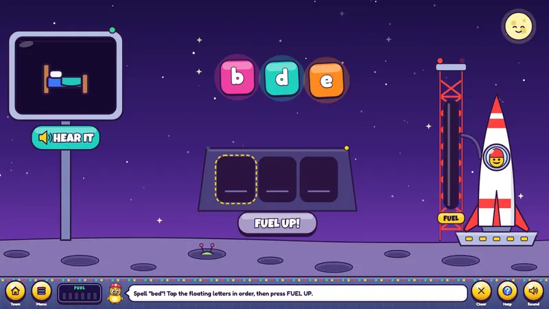 A rocket on a night launch pad and letter tiles spelling a word
