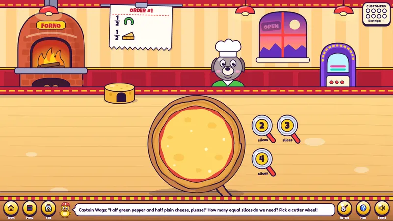 A pizza on the counter, cutter wheels and a frog ordering