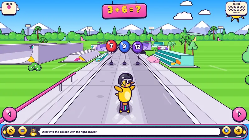 Wobbles in a helmet skateboarding through a skate park toward numbered balloons