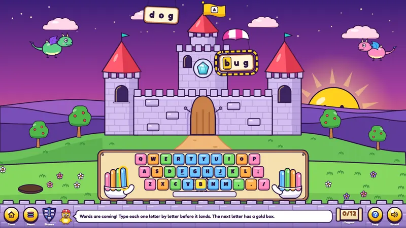A castle on a hill and a keyboard sign with coloured keys